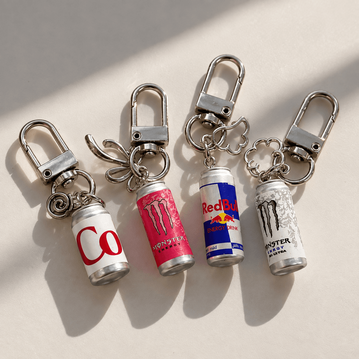 Diet coke and redbull and monster keychain each
